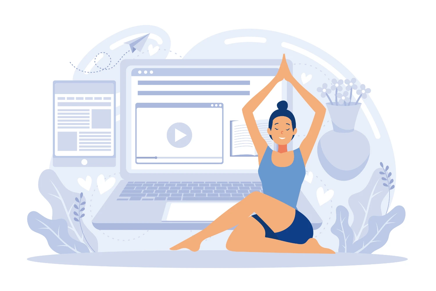 Betriebliches Gesundheitsmanagement flat design blau yoga am Comnputer groß 1500